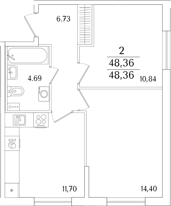 Планировка: 2-комнатная квартира 48,4 м² в ЖК «Кинопарк»