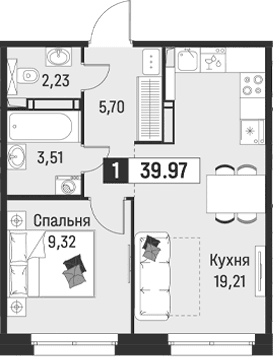 Планировка: Евродвушка 40 м² в ЖК «Символист»