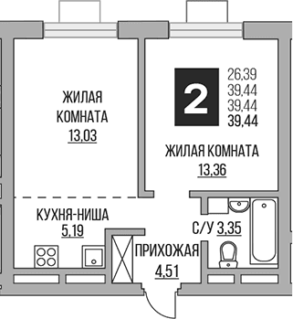 Планировка: Евродвушка 39,4 м² в ЖК «Гранель Ильинойс»