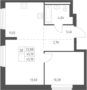 Планировка: Евродвушка 45,1 м² в ЖК «Горки Парк»