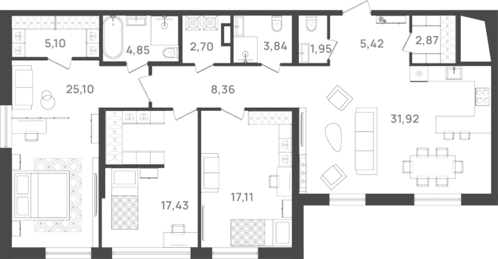 Планировка: Квартира евро-4 128,3 м² в ЖК «6 Квартал»
