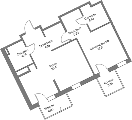 Планировка: 1-комнатная квартира 63,5 м² в ЖК «Рощино Резиденс»