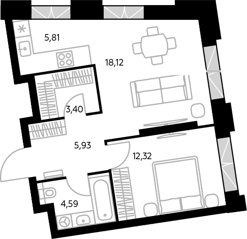 Планировка: Евродвушка 50,1 м² в ЖК «Космо 4/22»