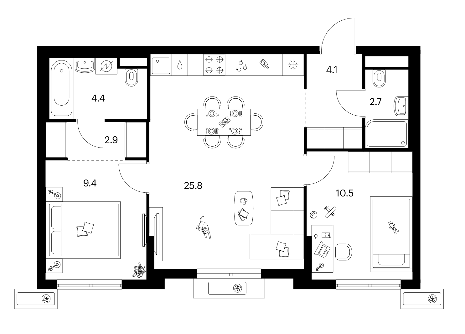 Планировка: 2-комнатная квартира 59,8 м² в ЖК «Ярославский»