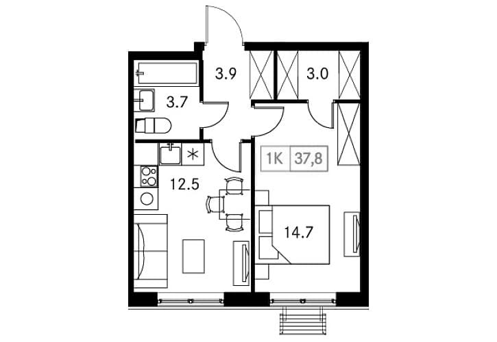 Планировка: 1-комнатная квартира 37,8 м² в ЖК «Новый Зеленоград»