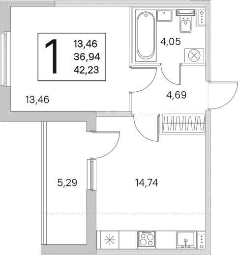 Планировка: 1-комнатная квартира 36,9 м² в ЖК «Любоград в Стрельне»