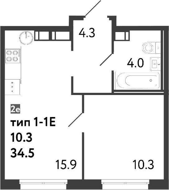 Планировка: Евродвушка 34,5 м² в ЖК «Струны»