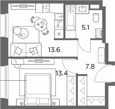 Планировка: 1-комнатная квартира 39,9 м² в ЖК «Станиславский»