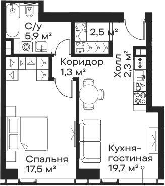 Планировка: Евродвушка 49,2 м² в ЖК «Сити Бэй»