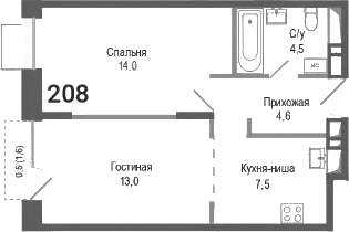 Планировка: Евродвушка 43,6 м² в ЖК «Киноквартал»