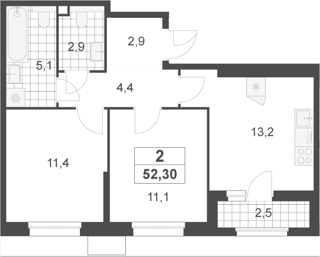 Планировка: 2-комнатная квартира 51 м² в ЖК «Деснаречье»