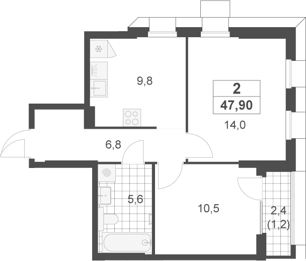 Планировка: 2-комнатная квартира 46,7 м² в ЖК «Скандинавия»