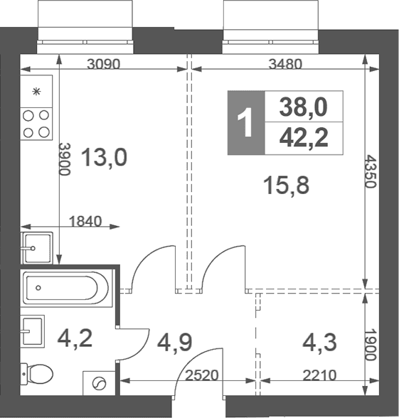 Планировка: 1-комнатная квартира 42,2 м² в ЖК «Дубровицы Клаб»