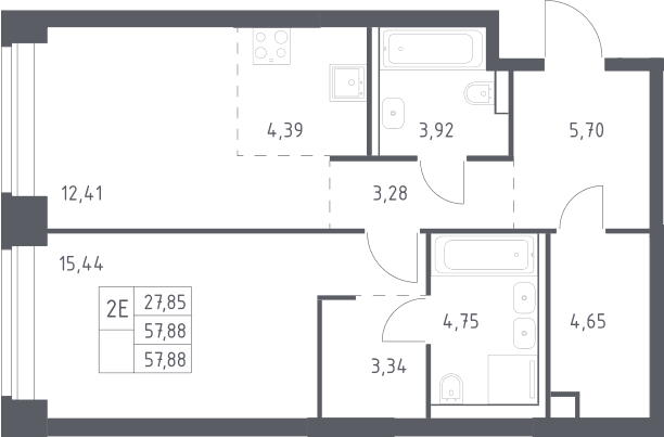 Планировка: Евродвушка 57,9 м² в ЖК «НОВА»