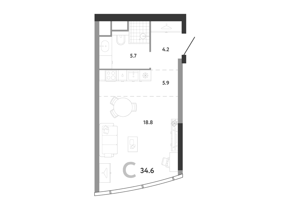 Планировка: Студия 34,6 м² в ЖК «АУРУС Резиденции»