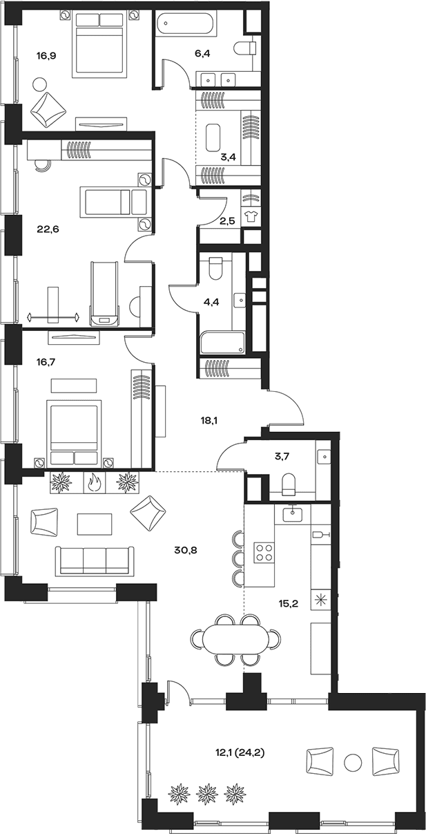 Планировка: Квартира евро-4 140,7 м² в ЖК «СОУЛ»