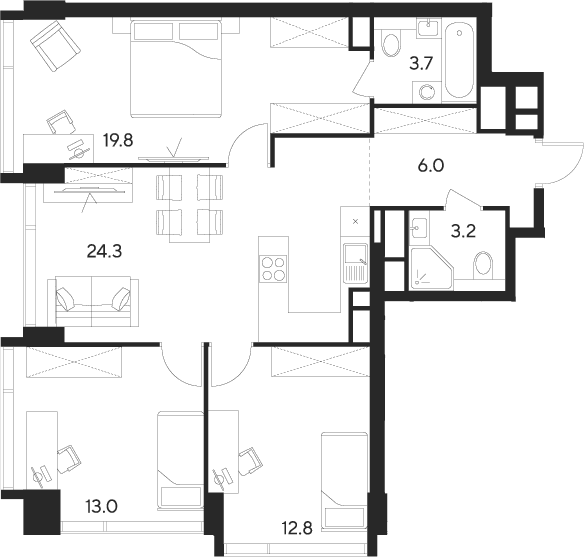 Планировка: Квартира евро-4 82,8 м² в ЖК «Инди Тауэрз от Аквилон»