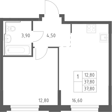 Планировка: Евродвушка 37,8 м² в ЖК «Химки Парк»