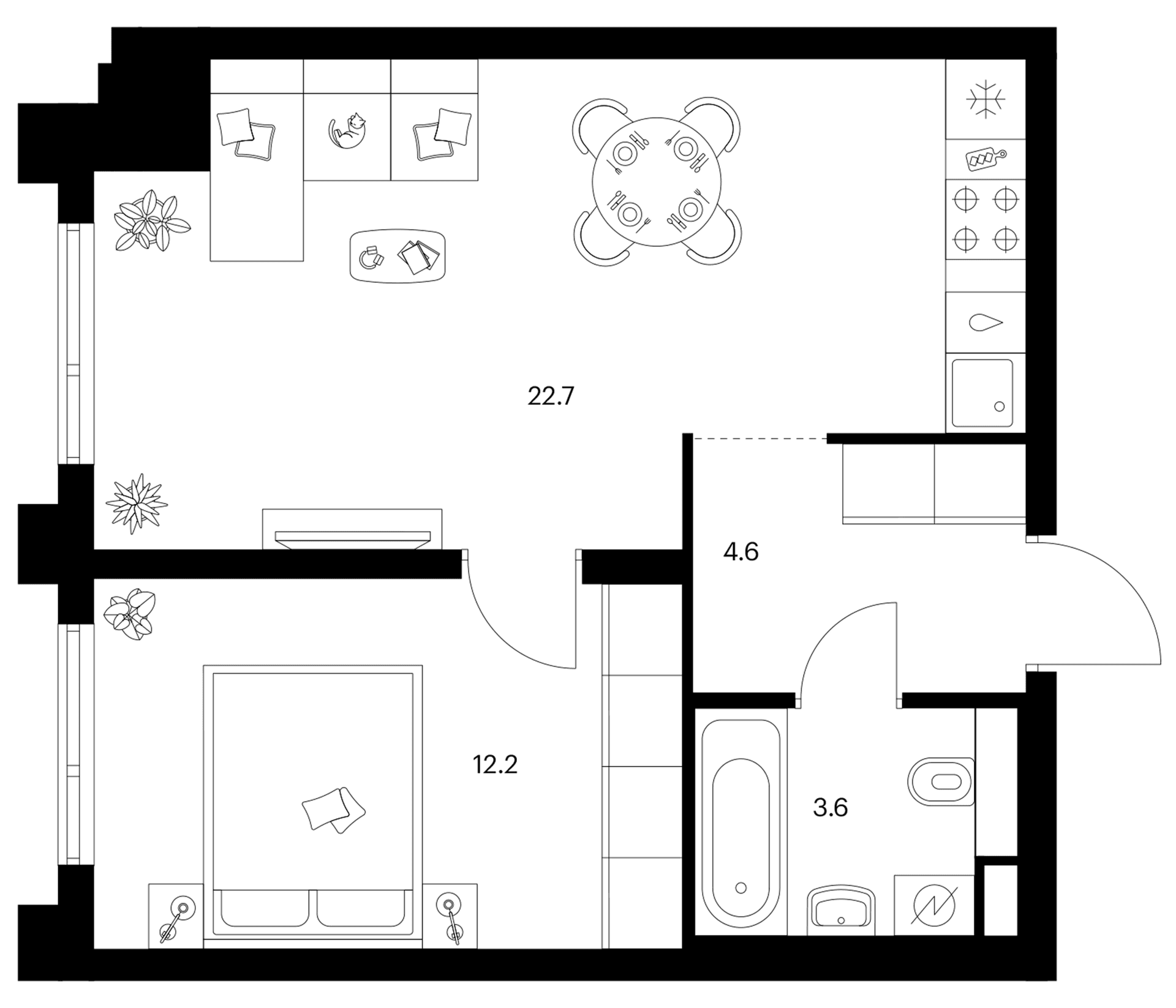 Планировка: 1-комнатная квартира 43,1 м² в ЖК «Зеленый парк»