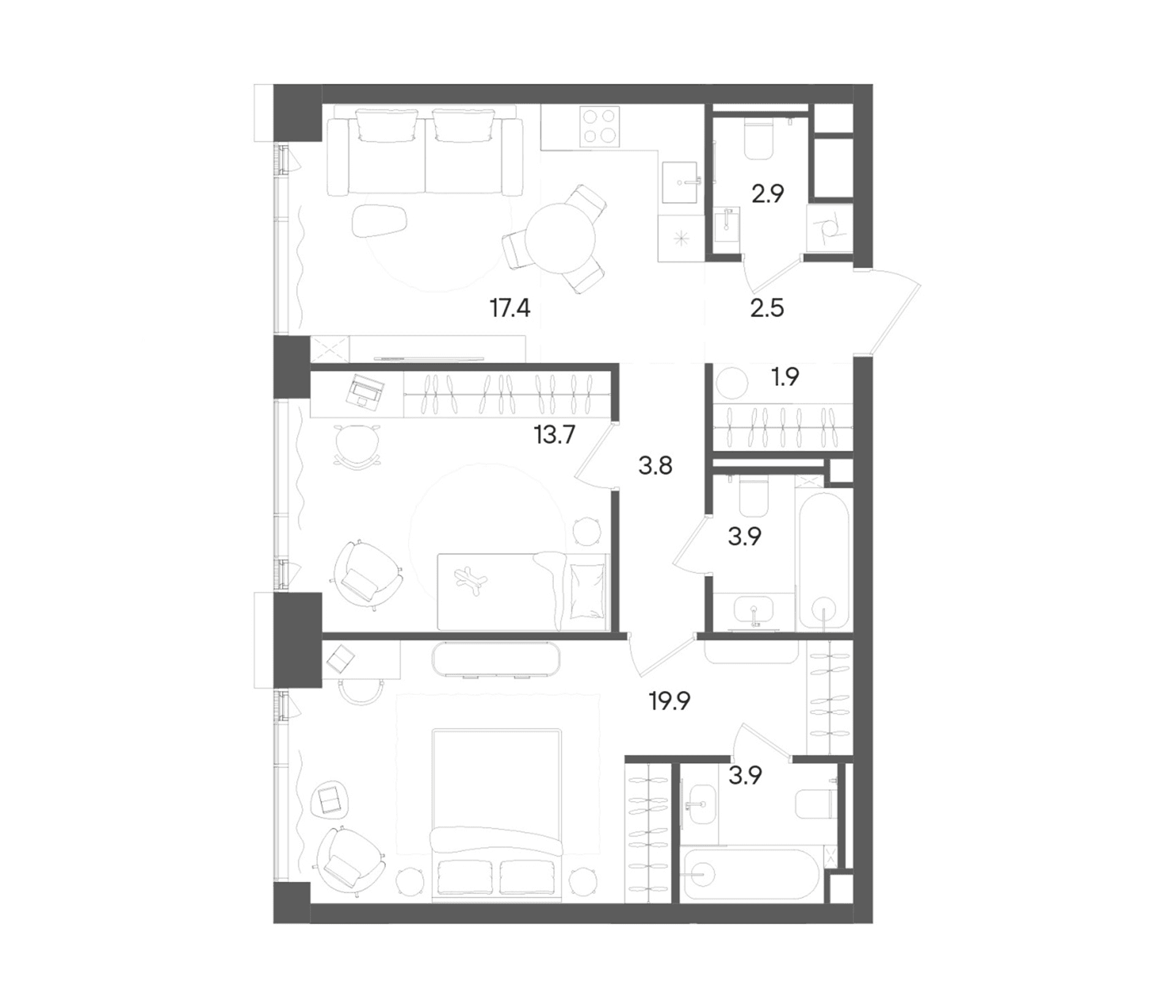 Планировка: Евротрёшка 69,9 м² в ЖК «СТОУН Грэйн»