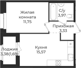 Планировка: Евродвушка 34,6 м² в ЖК «Новатория»