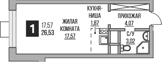 Планировка: Студия 26,5 м² в ЖК «Гранель Пехра»