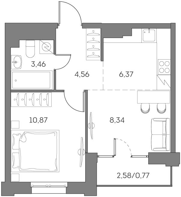 Планировка: Евродвушка 33,6 м² в ЖК «Аквилон БИСАЙД 2.0»