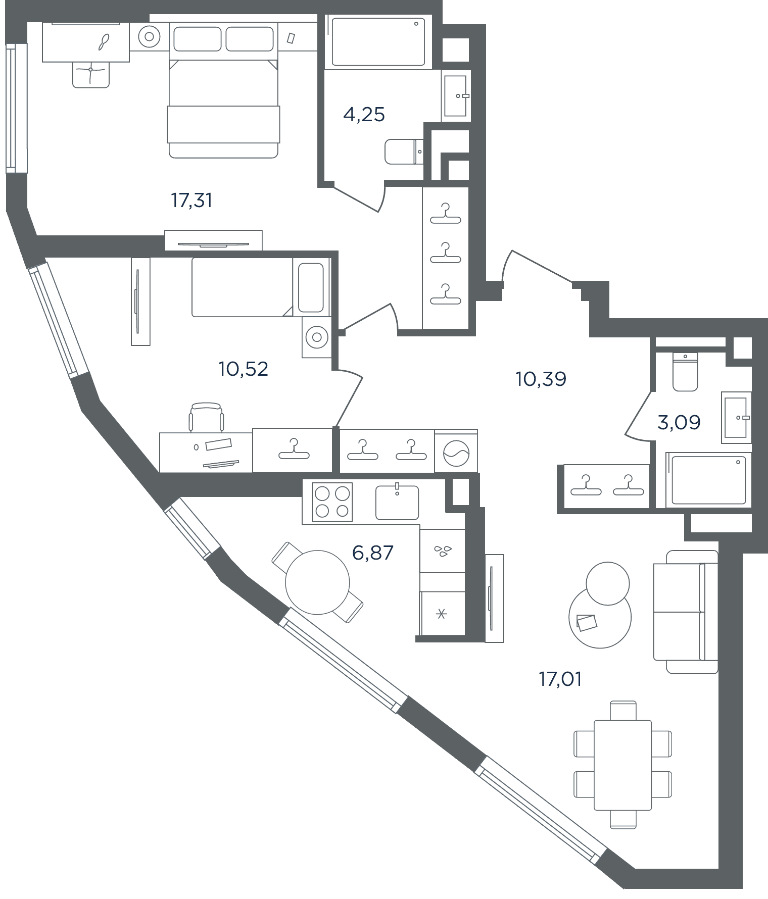 Планировка: Евротрёшка 69,4 м² в ЖК «Сикрет Гарден»