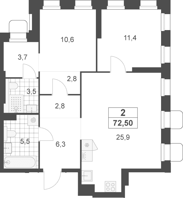 Планировка: Евротрёшка 72,5 м² в ЖК «Деснаречье»
