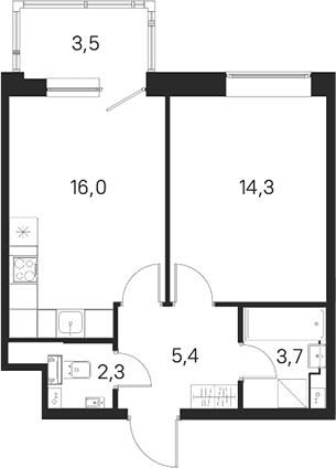 Планировка: 1-комнатная квартира 41,7 м² в ЖК «М36»
