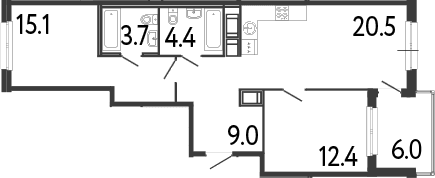 Планировка: Евротрёшка 65,1 м² в ЖК «Передвижники»