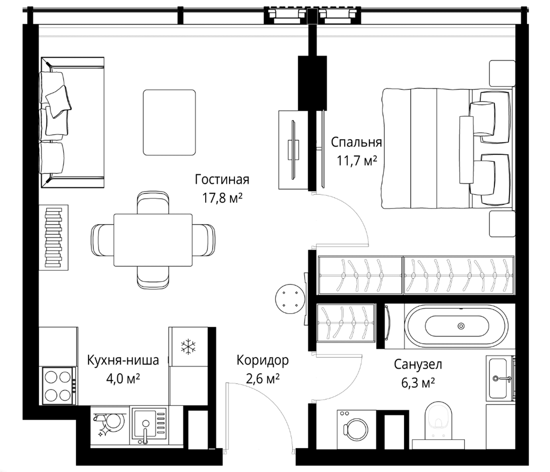 Планировка: Евродвушка 42,4 м² в ЖК «Слава»
