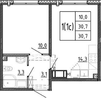 Планировка: 1-комнатная квартира 30,7 м² в ЖК «Ручьи 2»