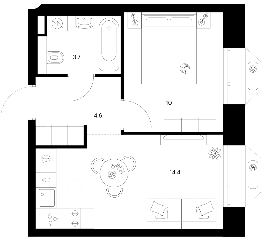Планировка: 1-комнатная квартира 32,7 м² в ЖК «Зеленый парк»