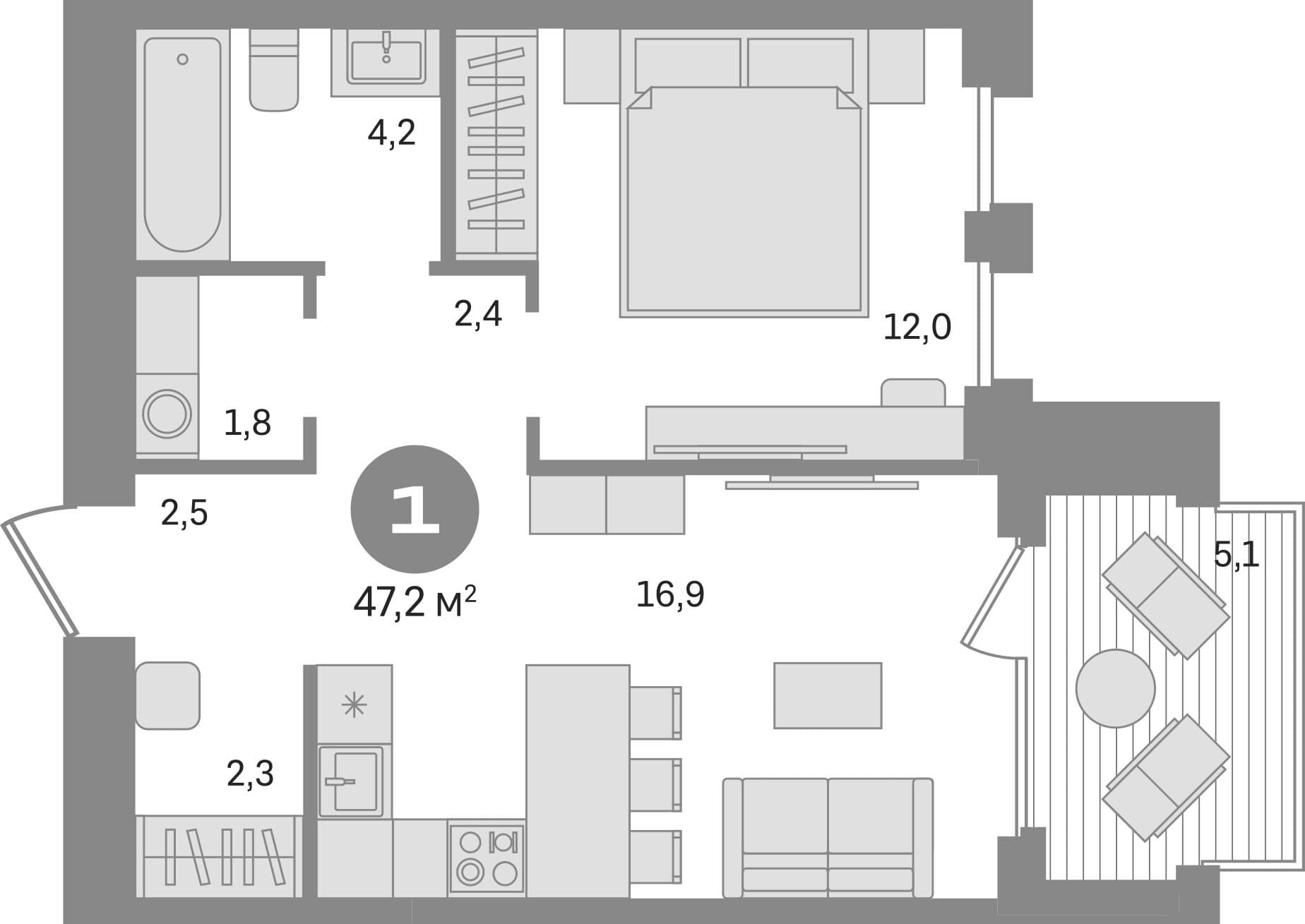 Планировка: 1-комнатная квартира 42,1 м² в ЖК «Дом А»