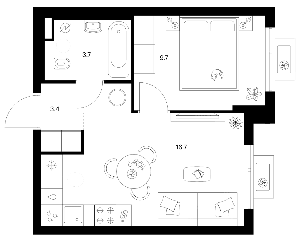 Планировка: 1-комнатная квартира 33,5 м² в ЖК «Белая Дача парк»