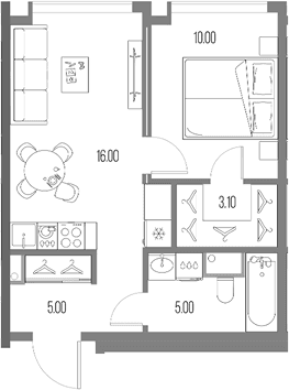 Планировка: 1-комнатная квартира 39,1 м² в ЖК «Северный Порт»