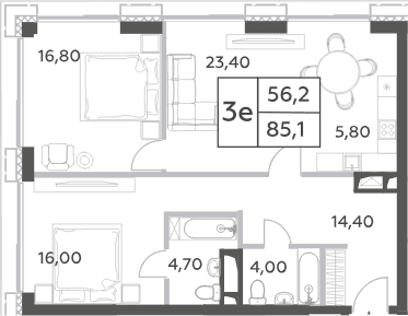 Планировка: Евротрёшка 85,1 м² в ЖК «Will Towers»
