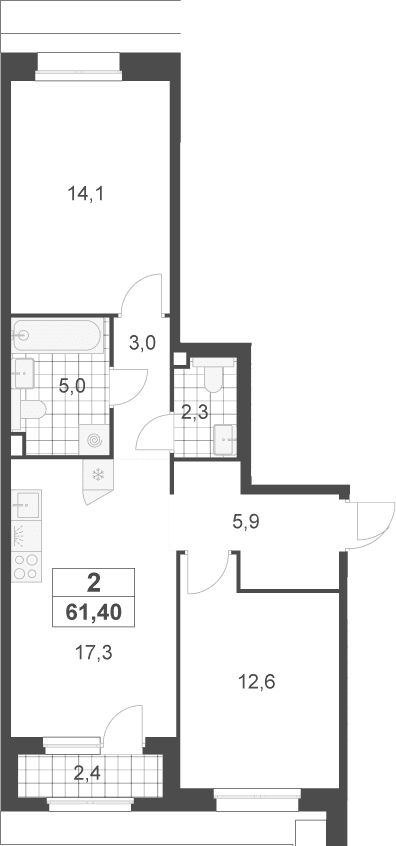 Планировка: Евротрёшка 60,2 м² в ЖК «Деснаречье»