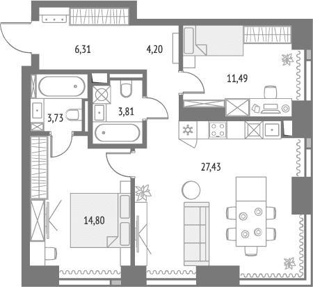 Планировка: Евротрёшка 72,5 м² в ЖК «Апсайд Тауэрс»