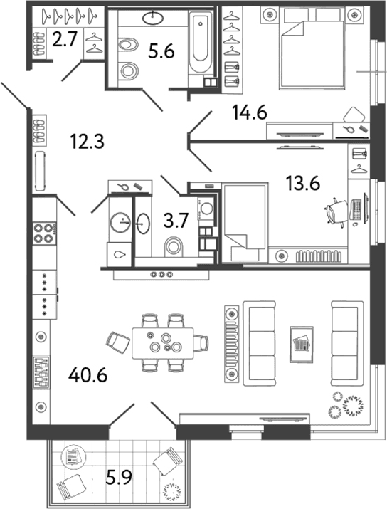 Планировка: Евротрёшка 93,1 м² в ЖК «Репин»