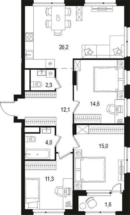 Планировка: Квартира евро-4 85,5 м² в ЖК «Левел Лесной»