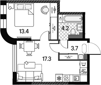 Планировка: Евродвушка 38,6 м² в ЖК «МАРК»