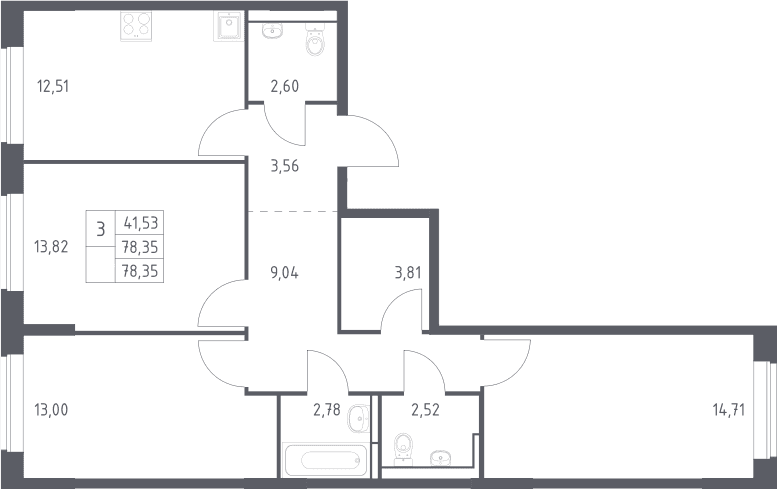Планировка: 3-комнатная квартира 78,4 м² в ЖК «Богдановский лес»