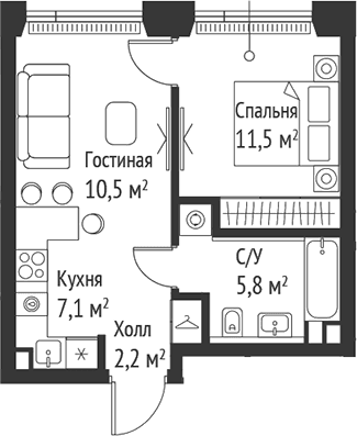 Планировка: Евродвушка 37,1 м² в ЖК «СЕТ»