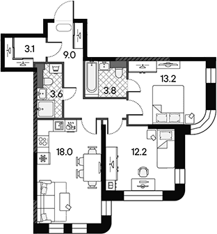 Планировка: Евротрёшка 62,9 м² в ЖК «МАРК»