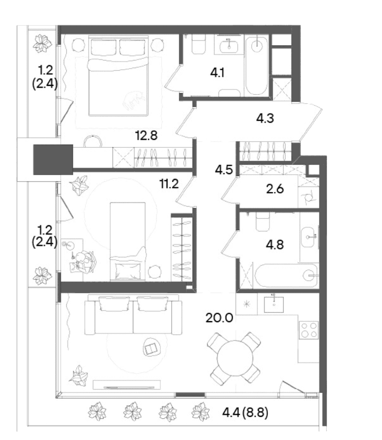 Планировка: Евротрёшка 61 м² в ЖК «СТОУН Грэйн»