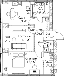 Планировка: 2-комнатная квартира 62,4 м² в ЖК «СЕЗАР БУДУЩЕЕ»