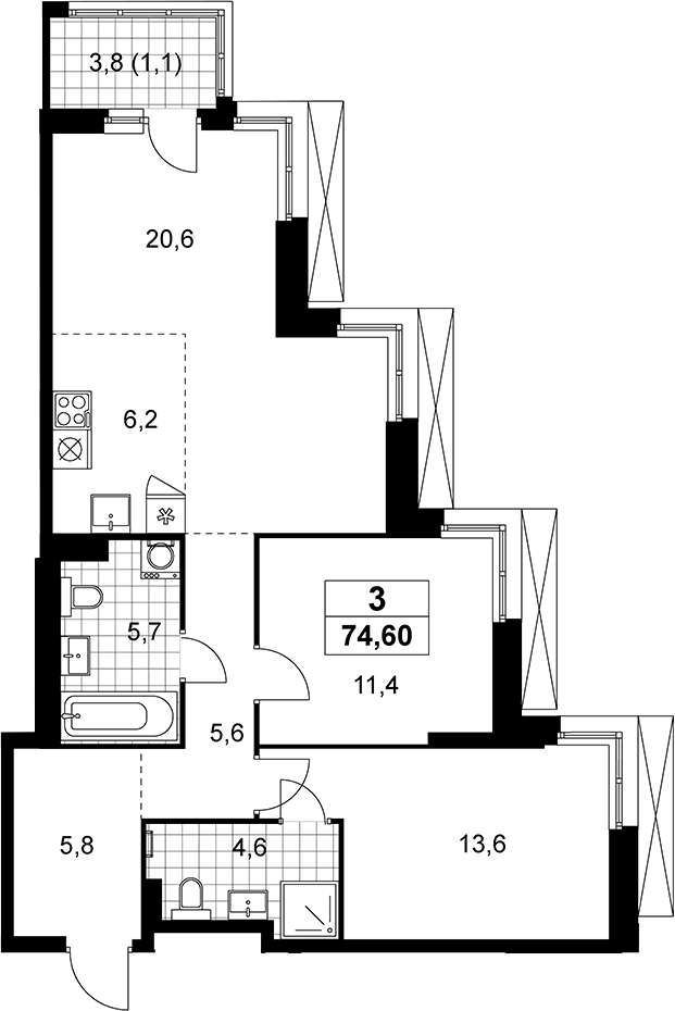Планировка: Евротрёшка 73,5 м² в ЖК «Дзен-кварталы»