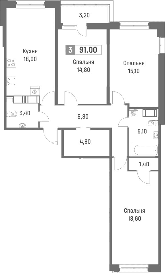 Планировка: Квартира евро-4 89,4 м² в ЖК «Фотограф»